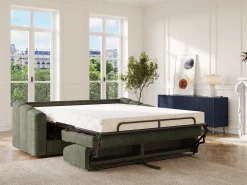Sofá 4 lugares convertível abertura rápida tecido texturizado verde caqui 160 cm Colchão 18 cm DARIELO
