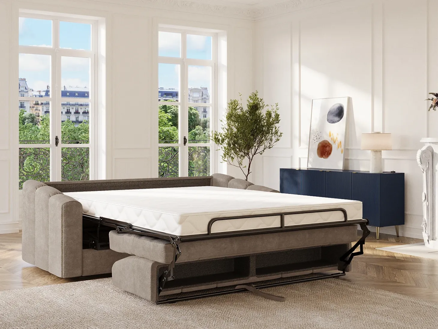 Sofá 4 lugares convertível abertura rápida tecido taupe ripas largas 160 cm Colchão 14 cm DARIELO