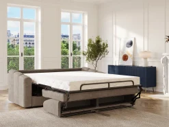 Sofá 4 lugares convertível abertura rápida tecido taupe ripas largas 160 cm Colchão 18 cm DARIELO