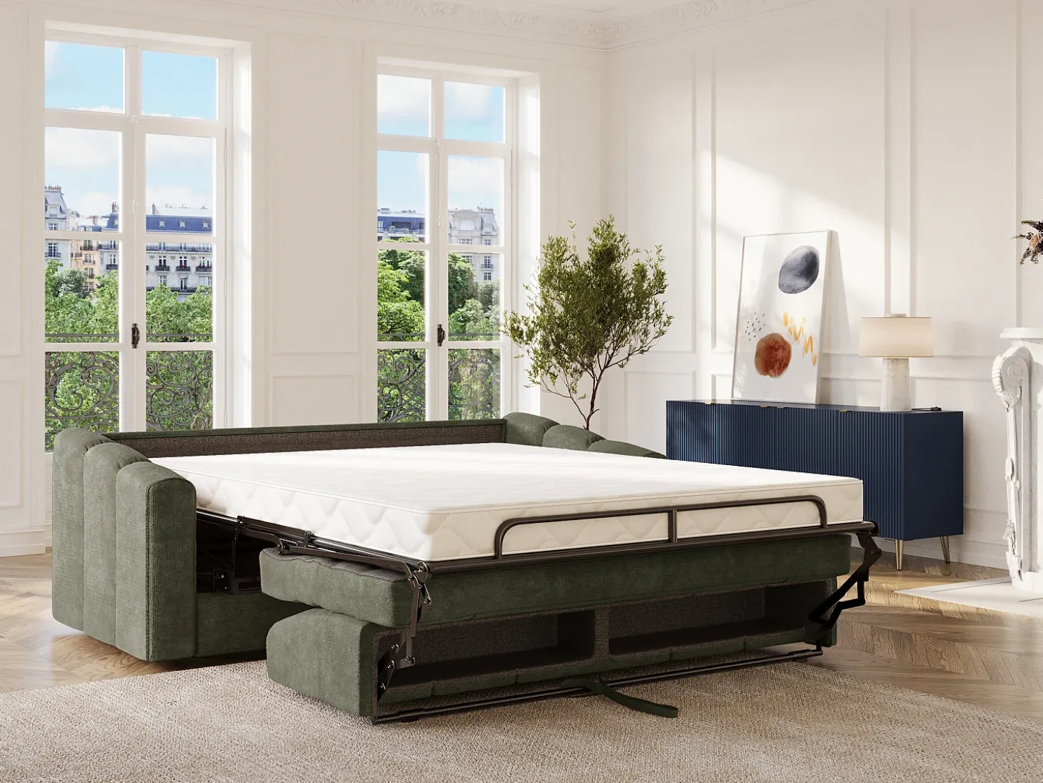 Sofá 4 lugares convertível abertura rápida tecido texturizado verde caqui 160 cm Colchão 14 cm DARIELO
