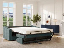Sofá 4 lugares convertível abertura rápida tecido azul ripas largas 160 cm Colchão 18 cm DARIELO
