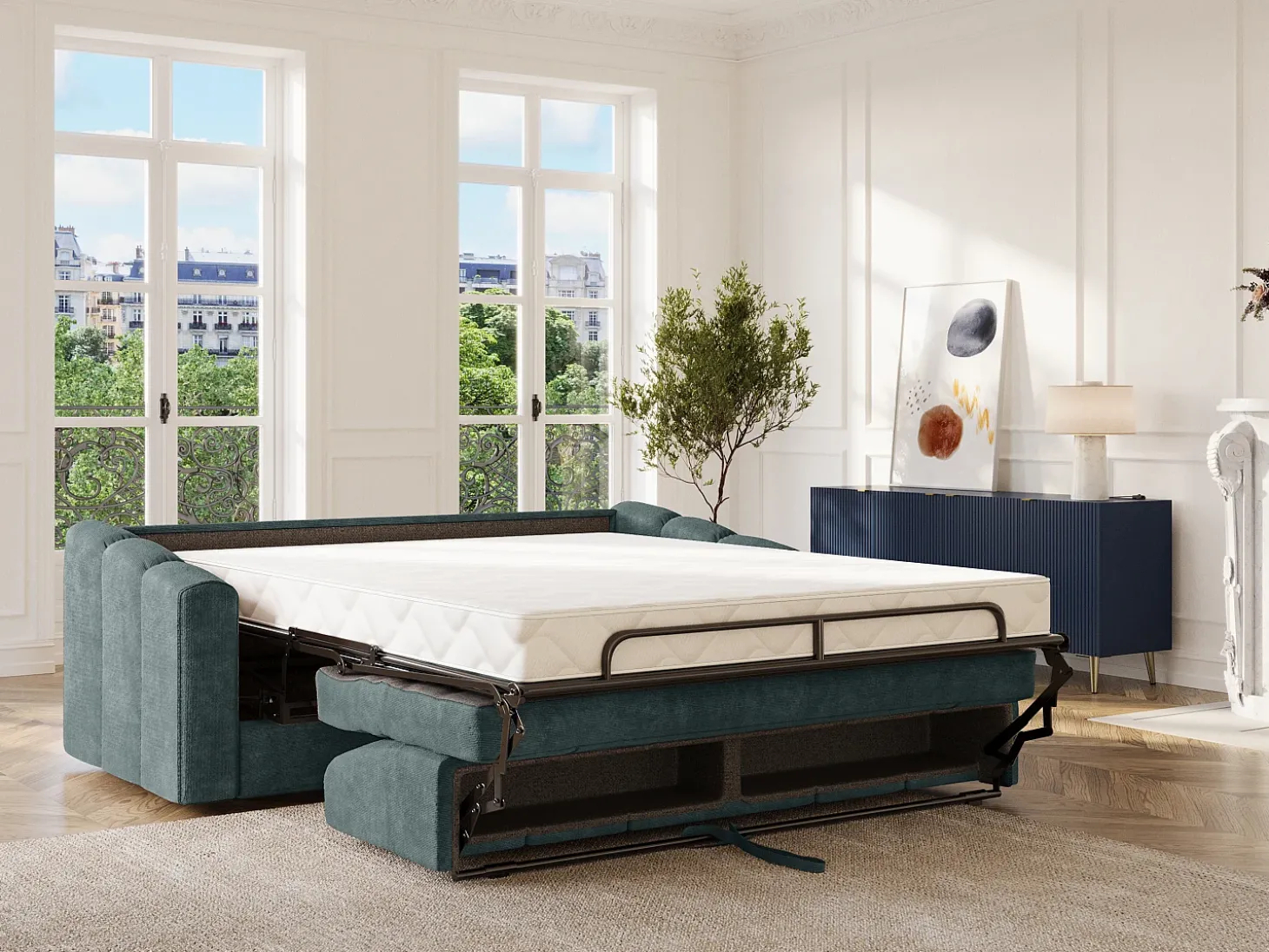 Sofá 4 lugares convertível abertura rápida tecido azul ripas largas 160 cm Colchão 18 cm DARIELO