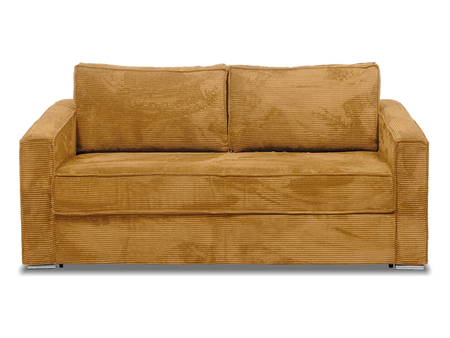 Sofá 4 lugares convertível abert. Ráp. veludo canelado amarelo mostarda ripas largas 18 cm