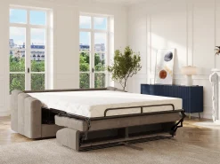 Sofá 4 lugares convertível abertura rápida tecido taupe ripas largas 160 cm Colchão 22 cm DARIELO