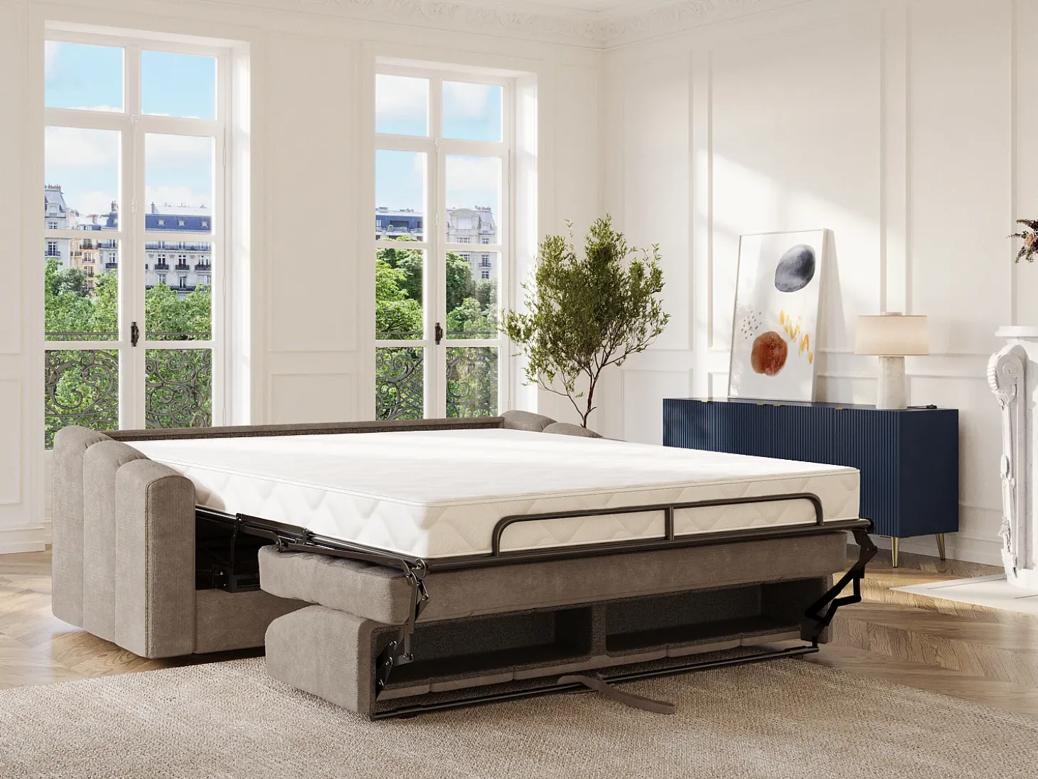 Sofá 4 lugares convertível abertura rápida tecido taupe ripas largas 160 cm Colchão 22 cm DARIELO