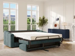 Sofá 4 lugares convertível abertura rápida tecido azul ripas largas 160 cm Colchão 14 cm DARIELO