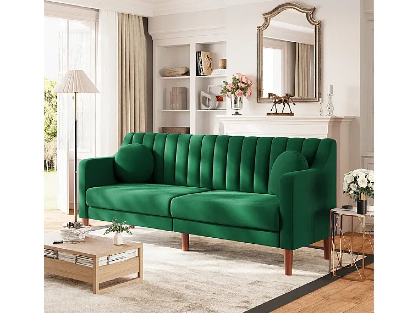 Sofá 3 lugares de veludo - pés de madeira maciça 19cm - com 2 almofadas - 206x74x83cm - Verde