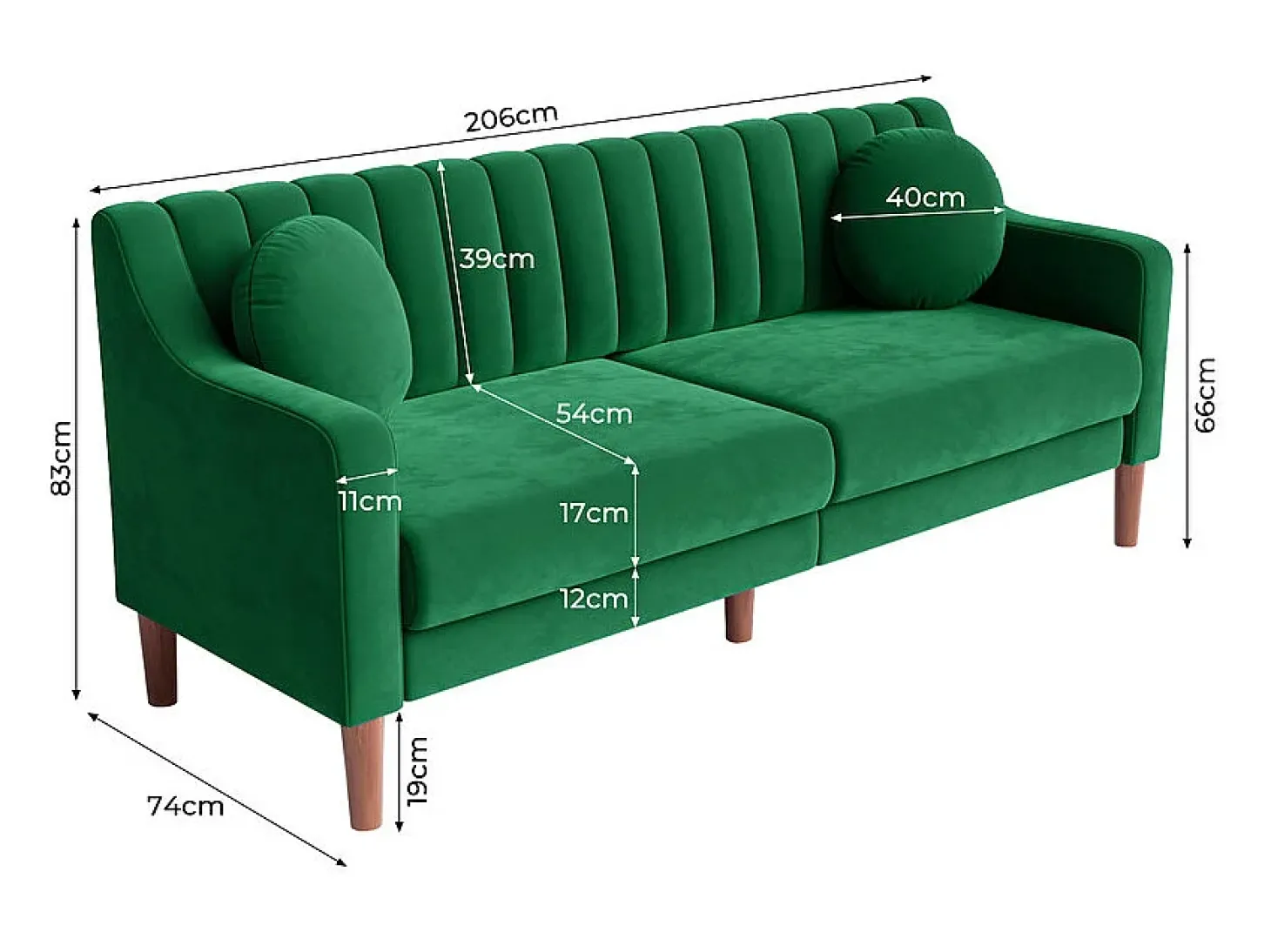 Sofá 3 lugares de veludo - pés de madeira maciça 19cm - com 2 almofadas - 206x74x83cm - Verde