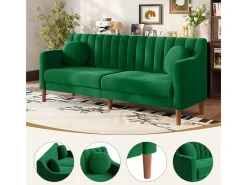 Sofá 3 lugares de veludo - pés de madeira maciça 19cm - com 2 almofadas - 206x74x83cm - Verde