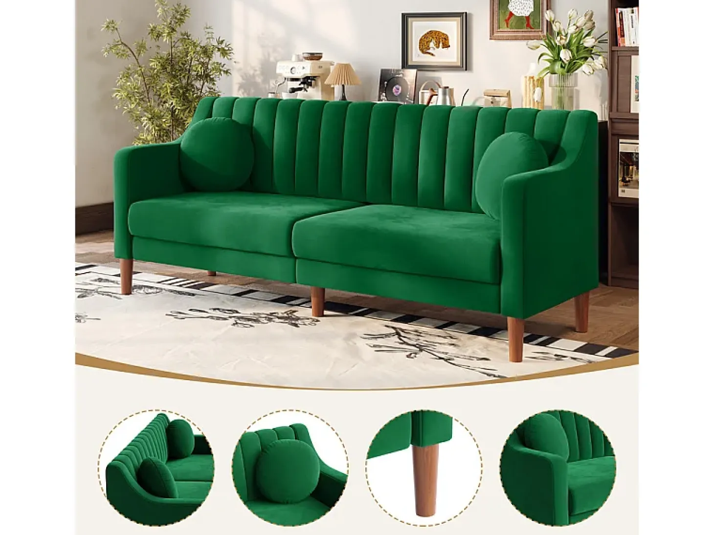 Sofá 3 lugares de veludo - pés de madeira maciça 19cm - com 2 almofadas - 206x74x83cm - Verde
