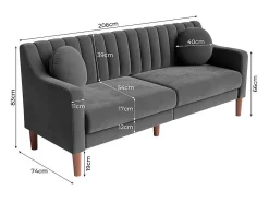 Sofá 3 lugares de veludo - pés de madeira maciça 19cm - com 2 almofadas - 206x74x83cm - Cinza