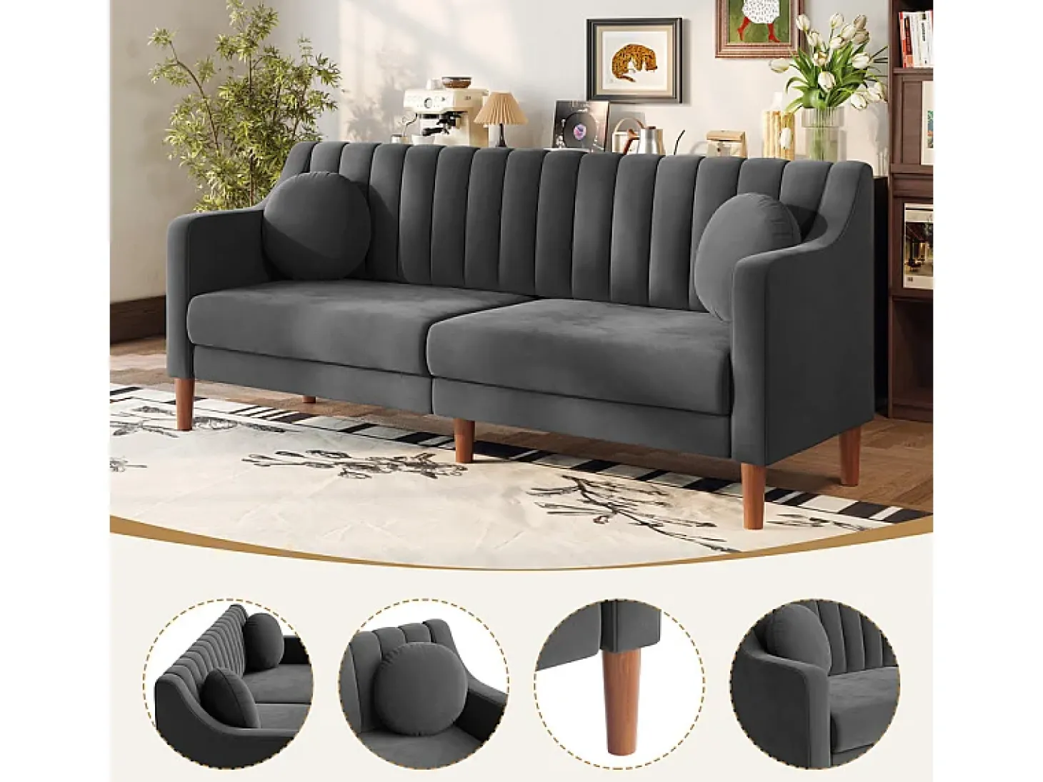 Sofá 3 lugares de veludo - pés de madeira maciça 19cm - com 2 almofadas - 206x74x83cm - Cinza