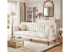 Sofá 3 lugares de veludo - pés de madeira maciça 19cm - com 2 almofadas - 206x74x83cm - Bege