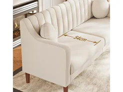 Sofá 3 lugares de veludo - pés de madeira maciça 19cm - com 2 almofadas - 206x74x83cm - Bege