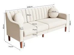 Sofá 3 lugares de veludo - pés de madeira maciça 19cm - com 2 almofadas - 206x74x83cm - Bege