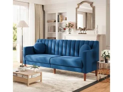 Sofá 3 lugares de veludo - pés de madeira maciça 19cm - com 2 almofadas - 206x74x83cm - Azul