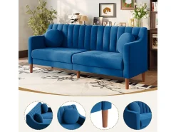 Sofá 3 lugares de veludo - pés de madeira maciça 19cm - com 2 almofadas - 206x74x83cm - Azul