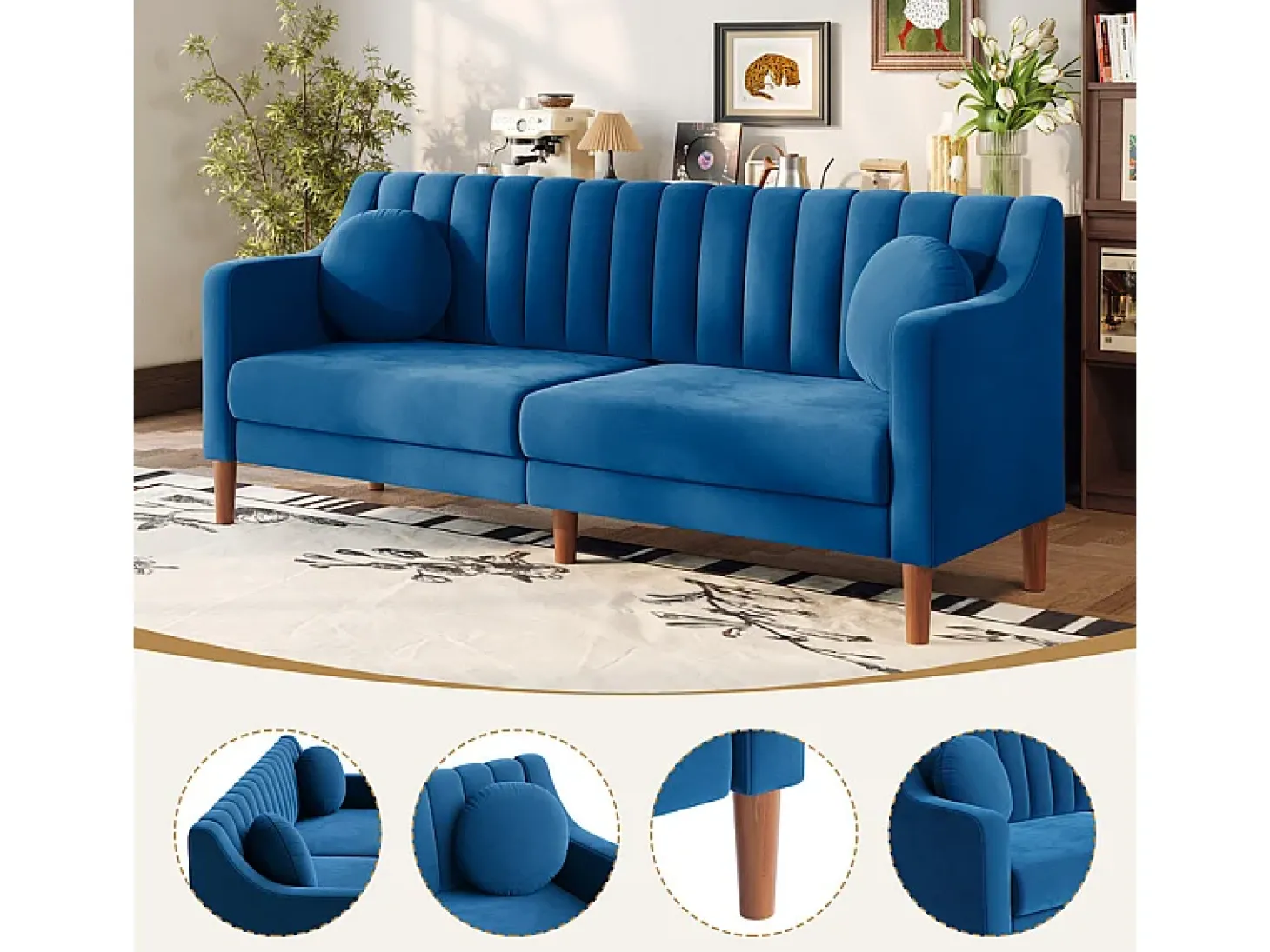 Sofá 3 lugares de veludo - pés de madeira maciça 19cm - com 2 almofadas - 206x74x83cm - Azul