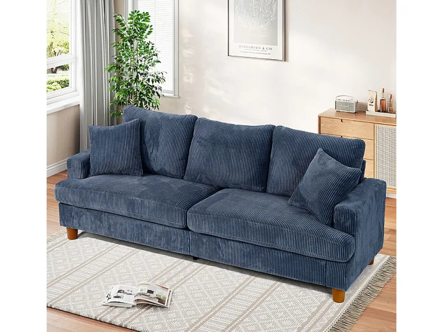 Sofá 3 Lugares de Veludo Cotelê, com 2 Almofadas, assentos extra profundos 53cm, 220x76x84cm, Azul