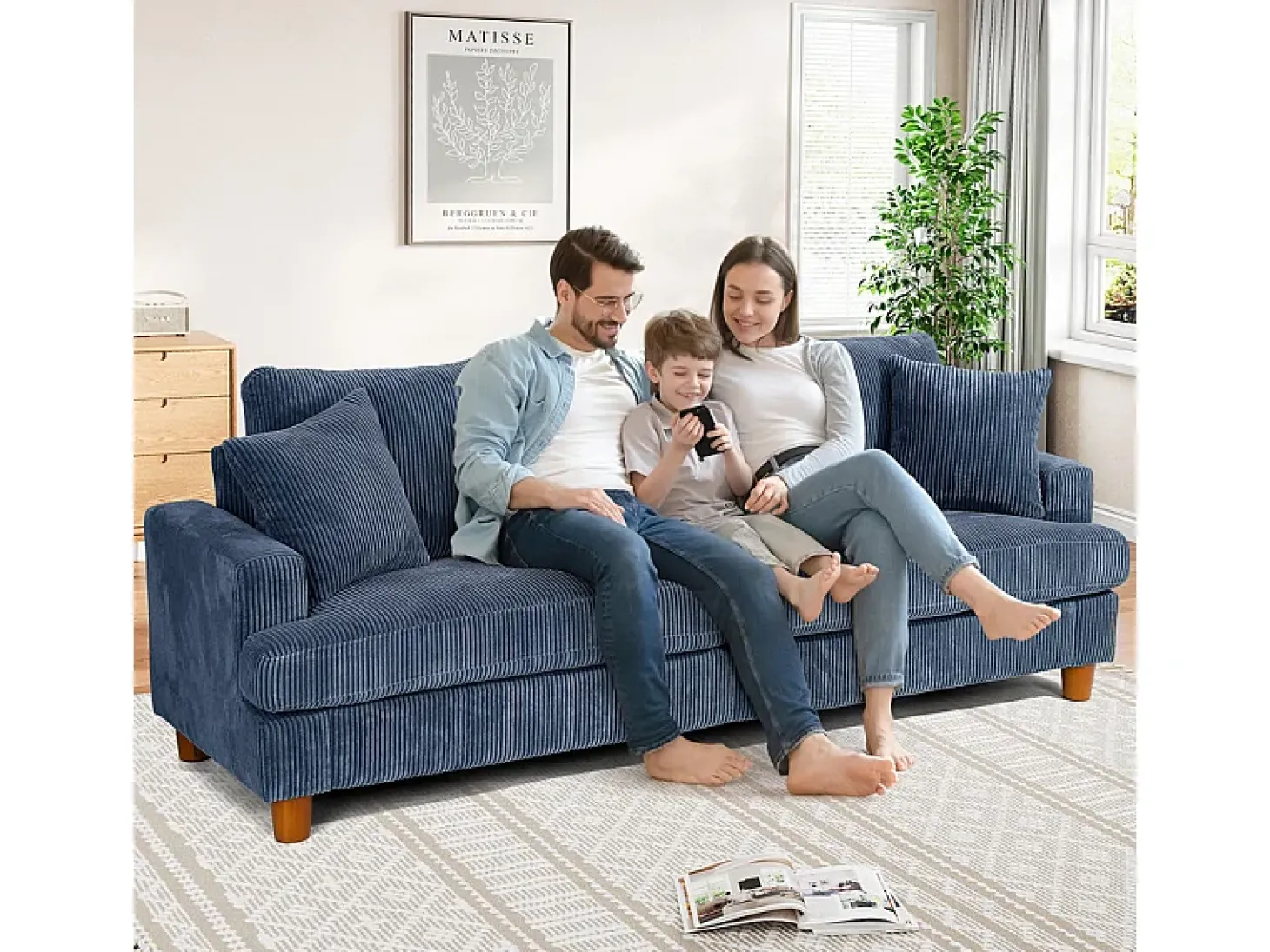 Sofá 3 Lugares de Veludo Cotelê, com 2 Almofadas, assentos extra profundos 53cm, 220x76x84cm, Azul