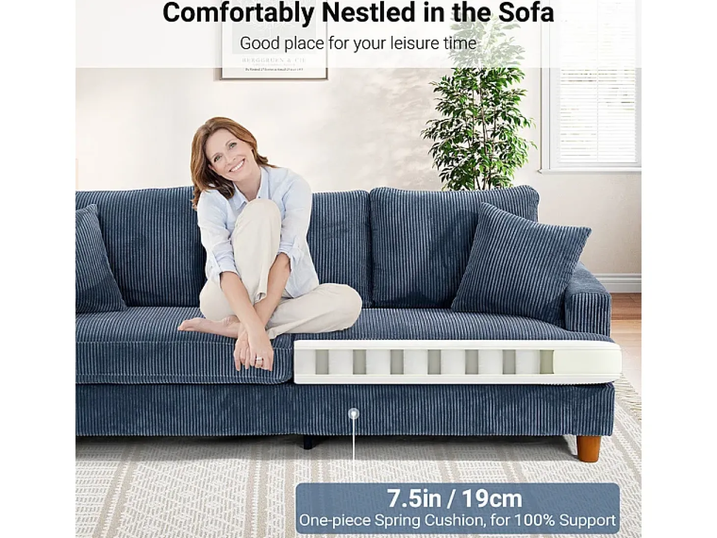 Sofá 3 Lugares de Veludo Cotelê, com 2 Almofadas, assentos extra profundos 53cm, 220x76x84cm, Azul