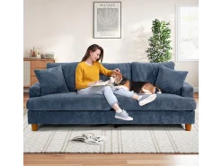 Sofá 3 Lugares de Veludo Cotelê, com 2 Almofadas, assentos extra profundos 53cm, 220x76x84cm, Azul