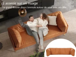 Sofá 2/3 lugares em couro sintético, com almofadas de assento profundas e confortáveis de 56 cm, 185x76x90 cm, laranja