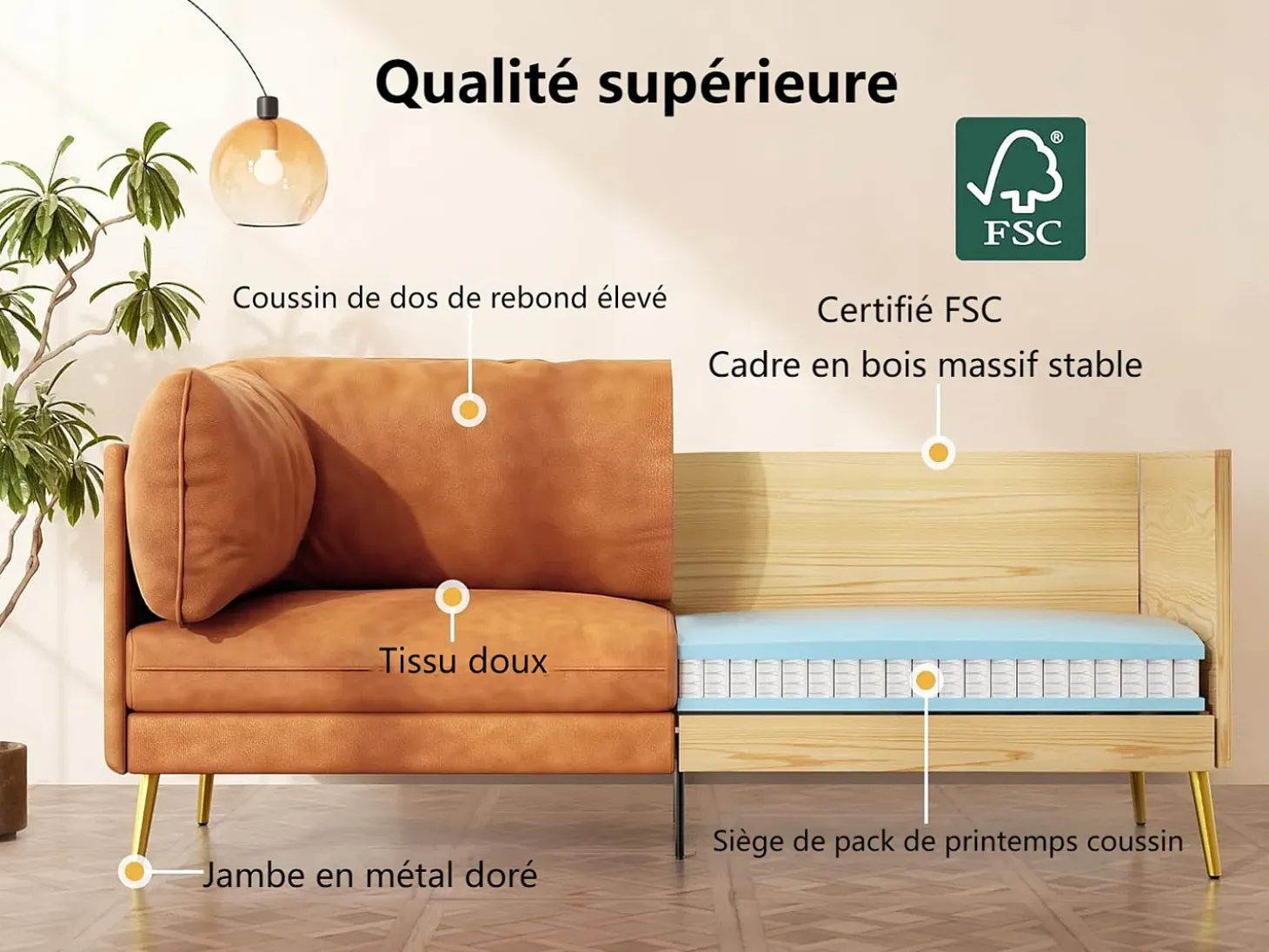 Sofá 2/3 lugares em couro sintético, com almofadas de assento profundas e confortáveis de 56 cm, 185x76x90 cm, laranja
