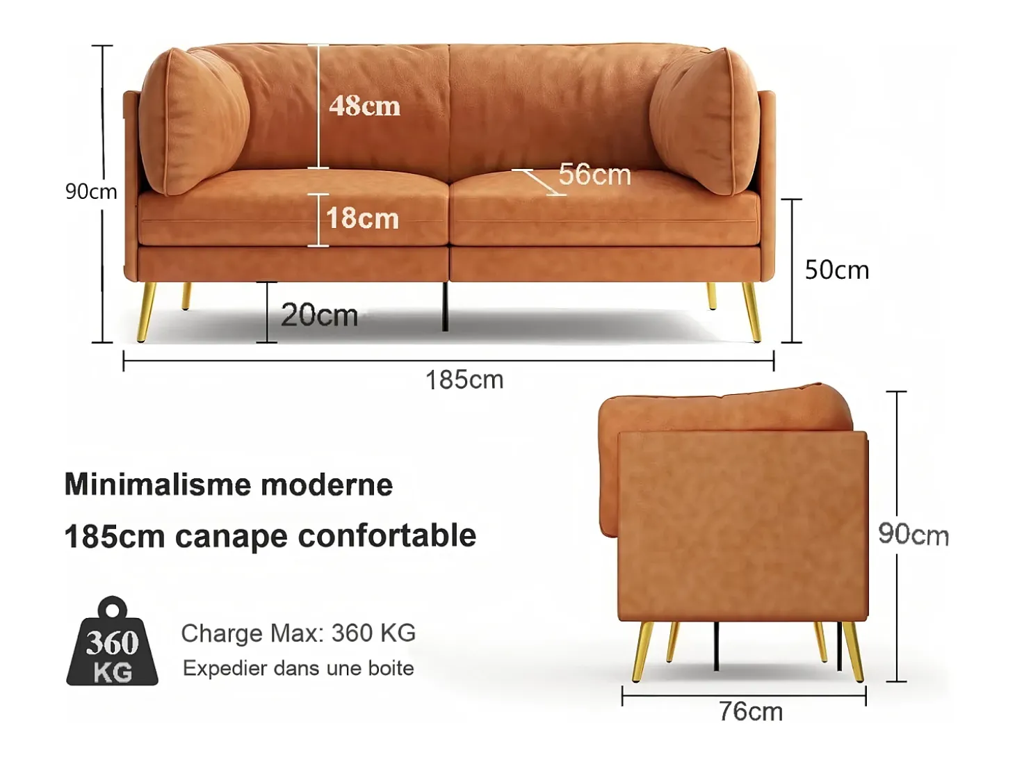 Sofá 2/3 lugares em couro sintético, com almofadas de assento profundas e confortáveis de 56 cm, 185x76x90 cm, laranja