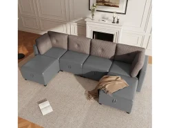 Sofá 6 lugares em forma de U - con armazenamento - conversível multifuncional - veludo + veludo canelado - cinza