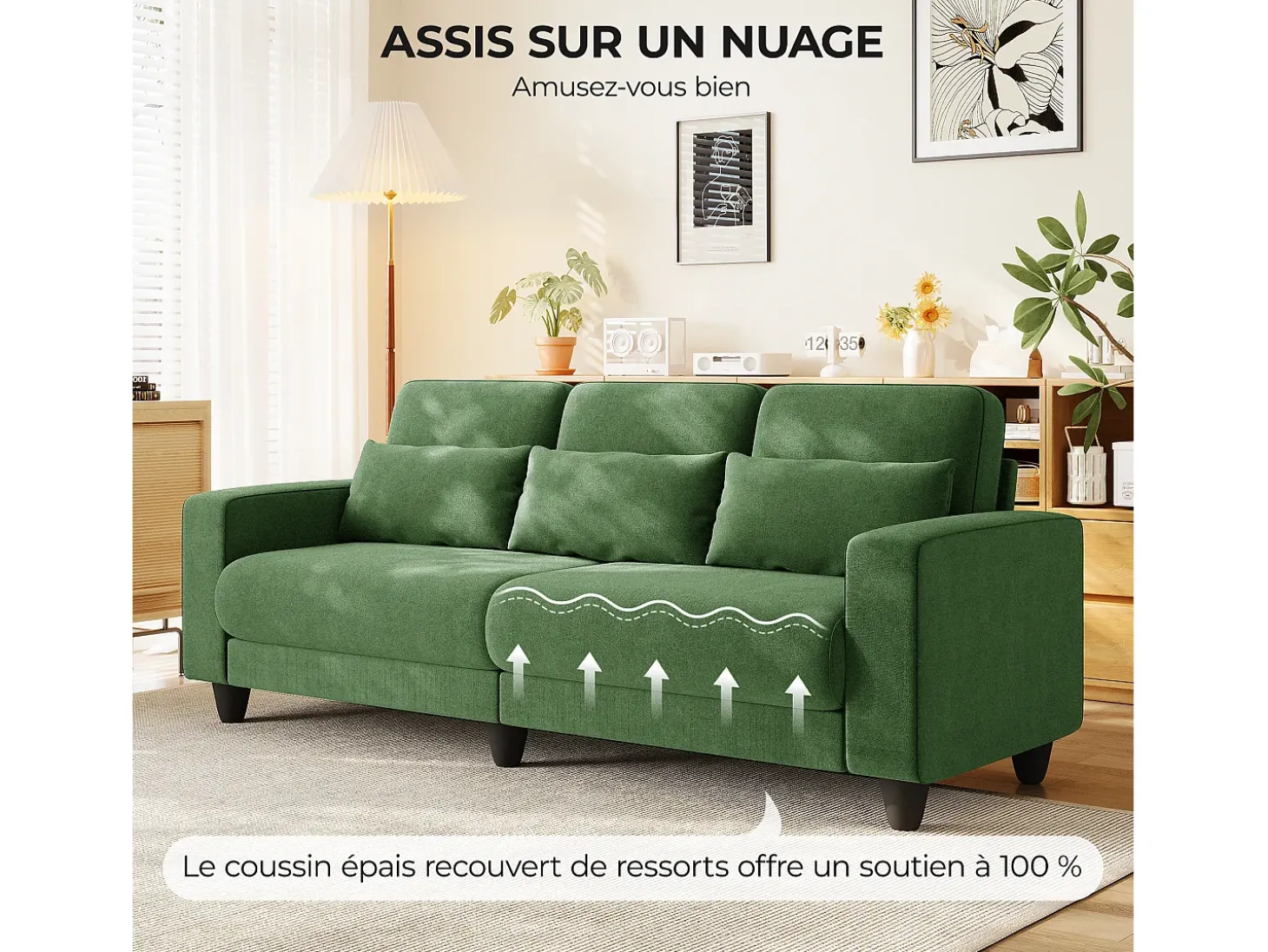 Sofá 3 lugares em tecido chenille verde - com 3 almofadas - capa removível lavável - 220x81x88cm
