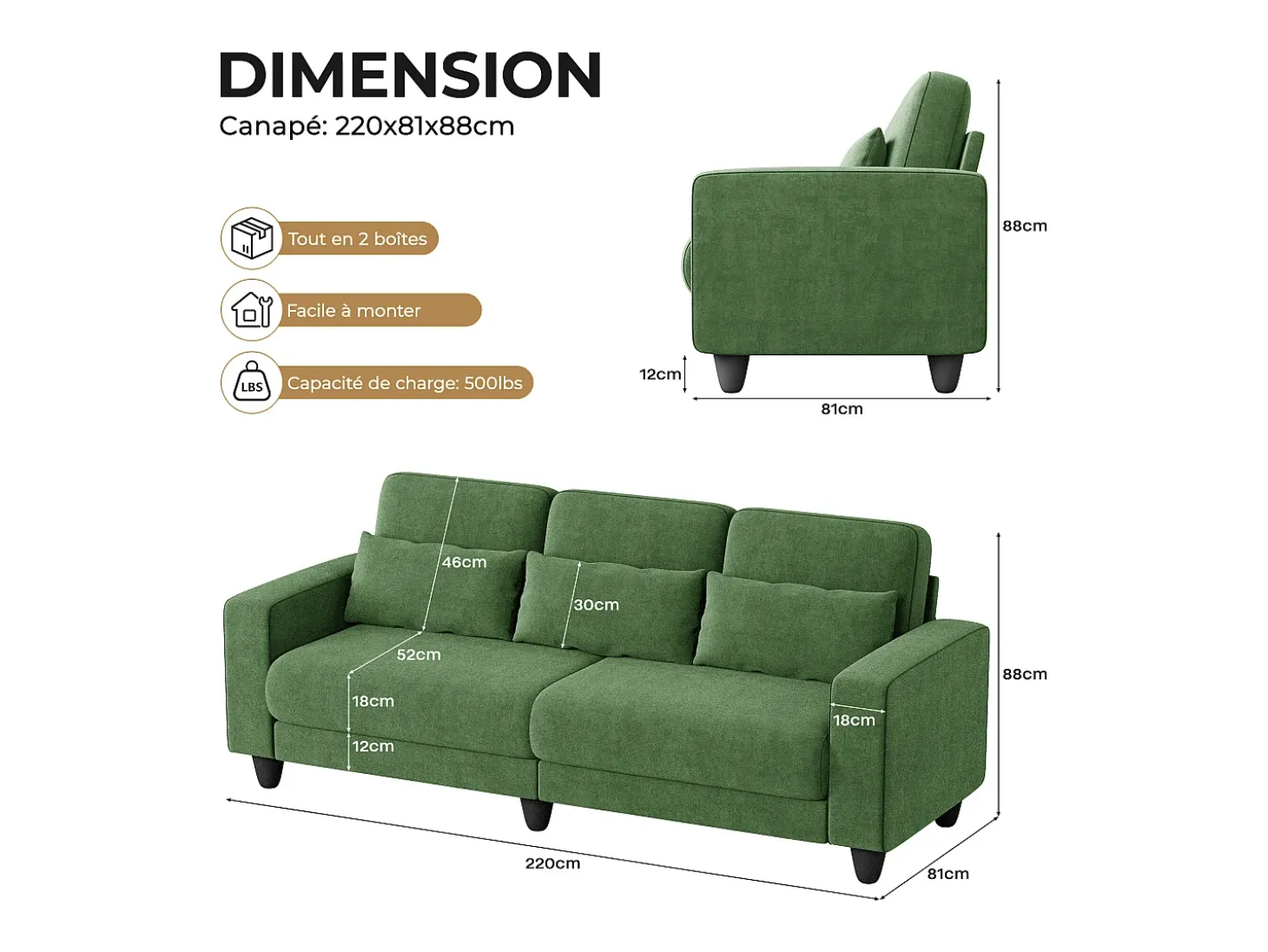 Sofá 3 lugares em tecido chenille verde - com 3 almofadas - capa removível lavável - 220x81x88cm