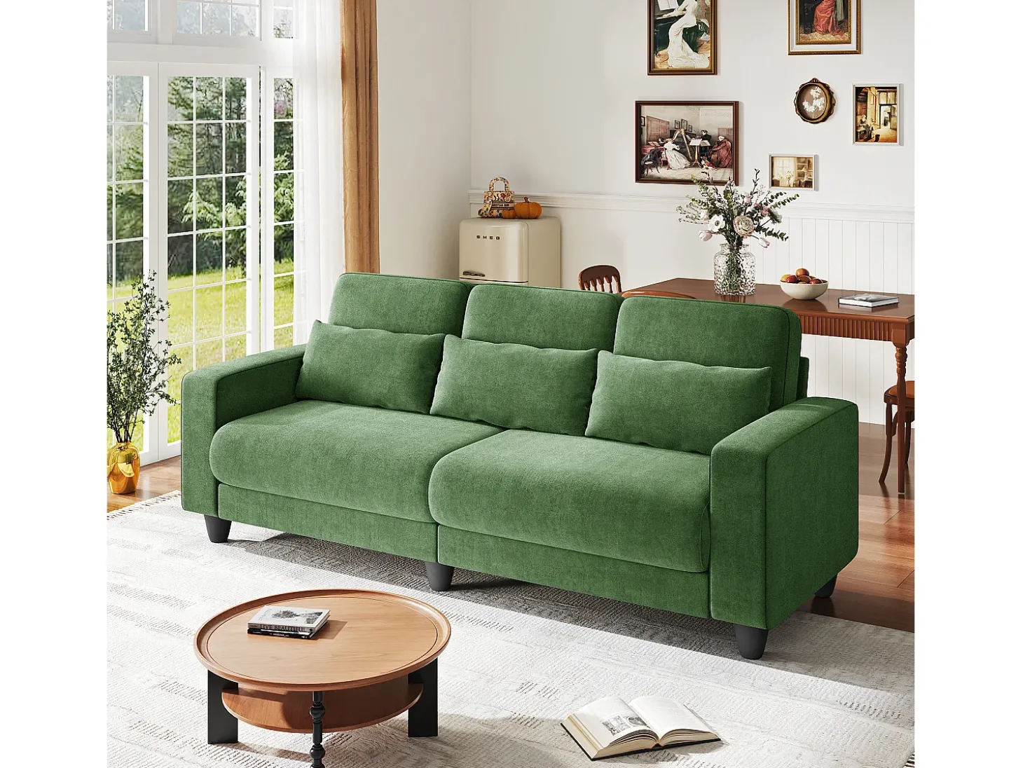 Sofá 3 lugares em tecido chenille verde - com 3 almofadas - capa removível lavável - 220x81x88cm