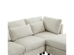 Sofá 3 lugares em tecido de linho, com puff, 3 almofadas lombares e 2 almofadas, 220x83x81cm, Bege