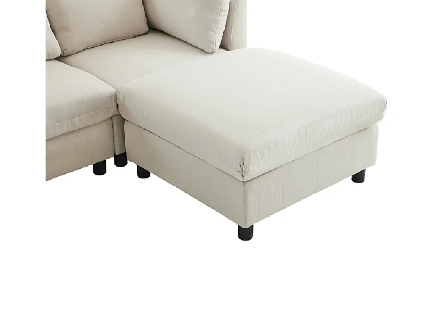 Sofá 3 lugares em tecido de linho, com puff, 3 almofadas lombares e 2 almofadas, 220x83x81cm, Bege