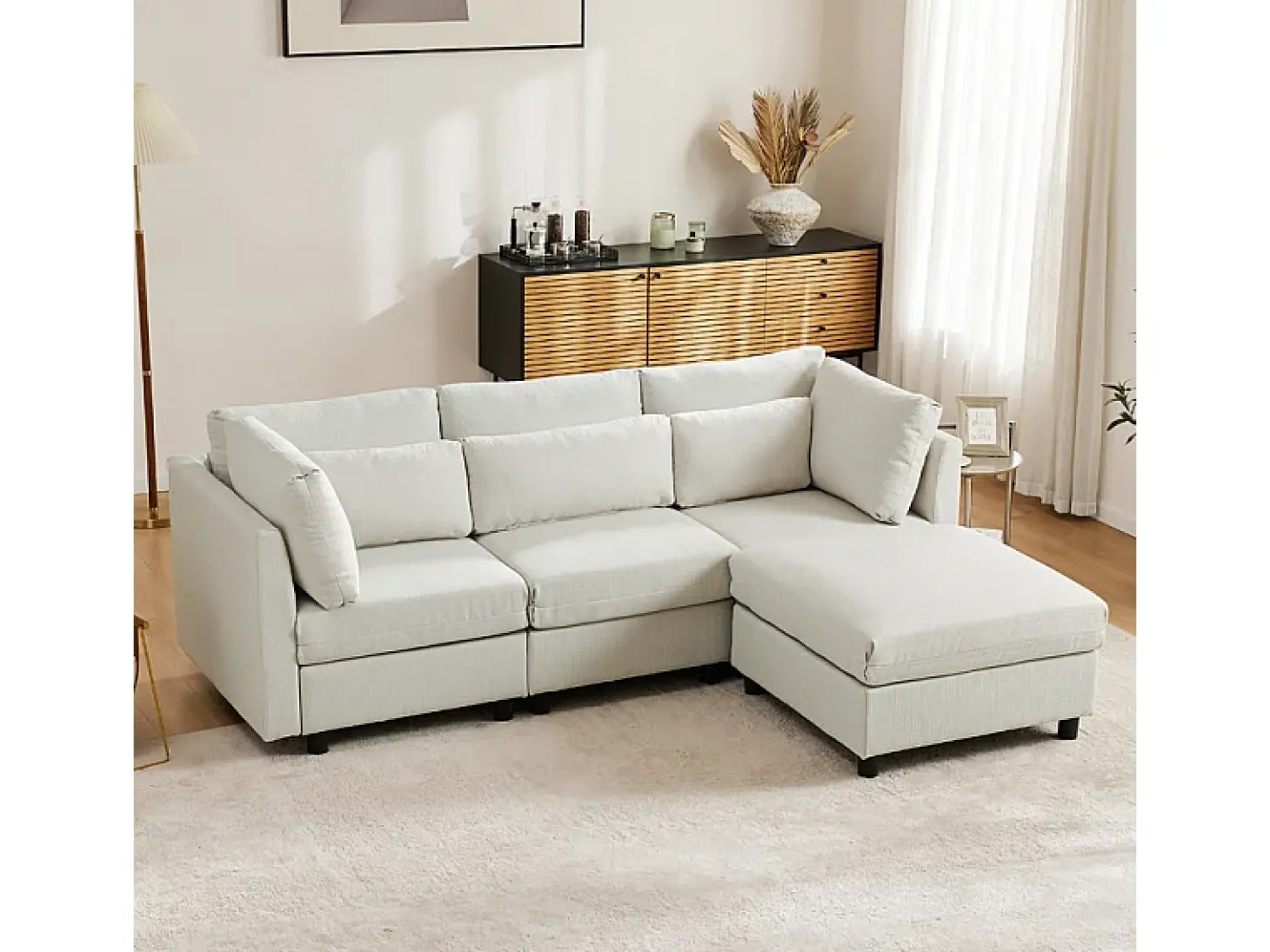 Sofá 3 lugares em tecido de linho, com puff, 3 almofadas lombares e 2 almofadas, 220x83x81cm, Bege