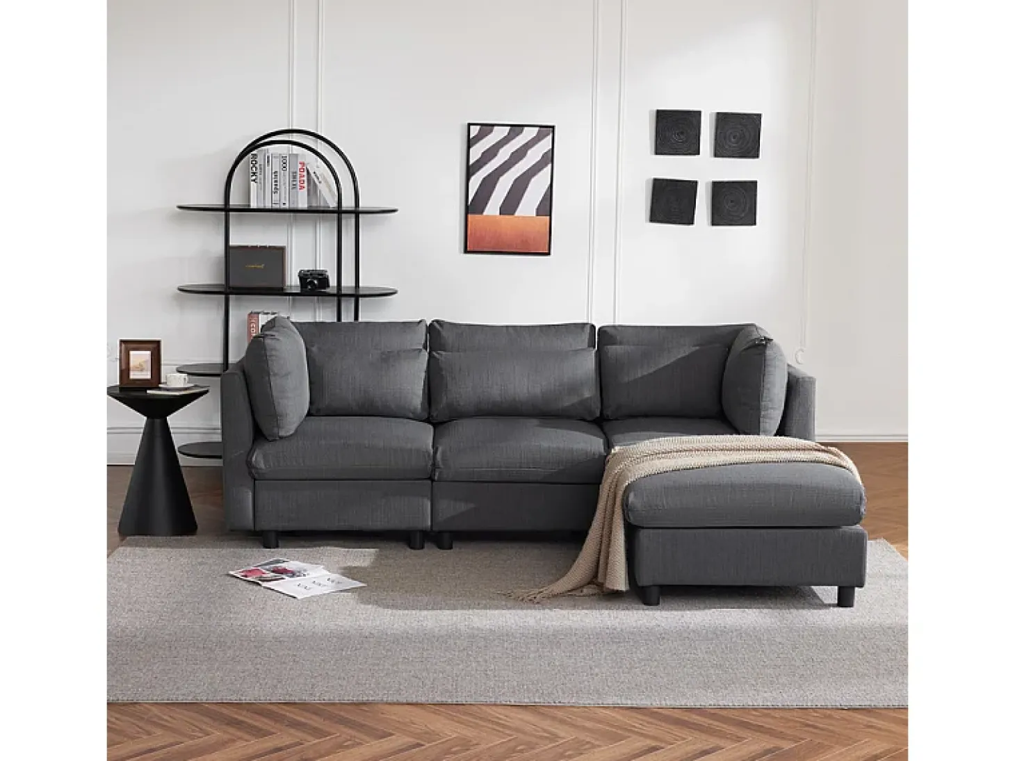 Sofá 3 lugares em tecido de linho, com puff, 3 almofadas lombares e 2 almofadas, 220x83x81cm, Cinza