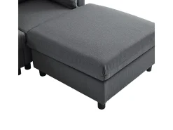 Sofá 3 lugares em tecido de linho, com puff, 3 almofadas lombares e 2 almofadas, 220x83x81cm, Cinza