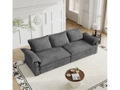 Sofá 3 lugares em veludo cotelê, com 2 almofadas de braço, removíveis e laváveis, 265x86x88cm, Cinza
