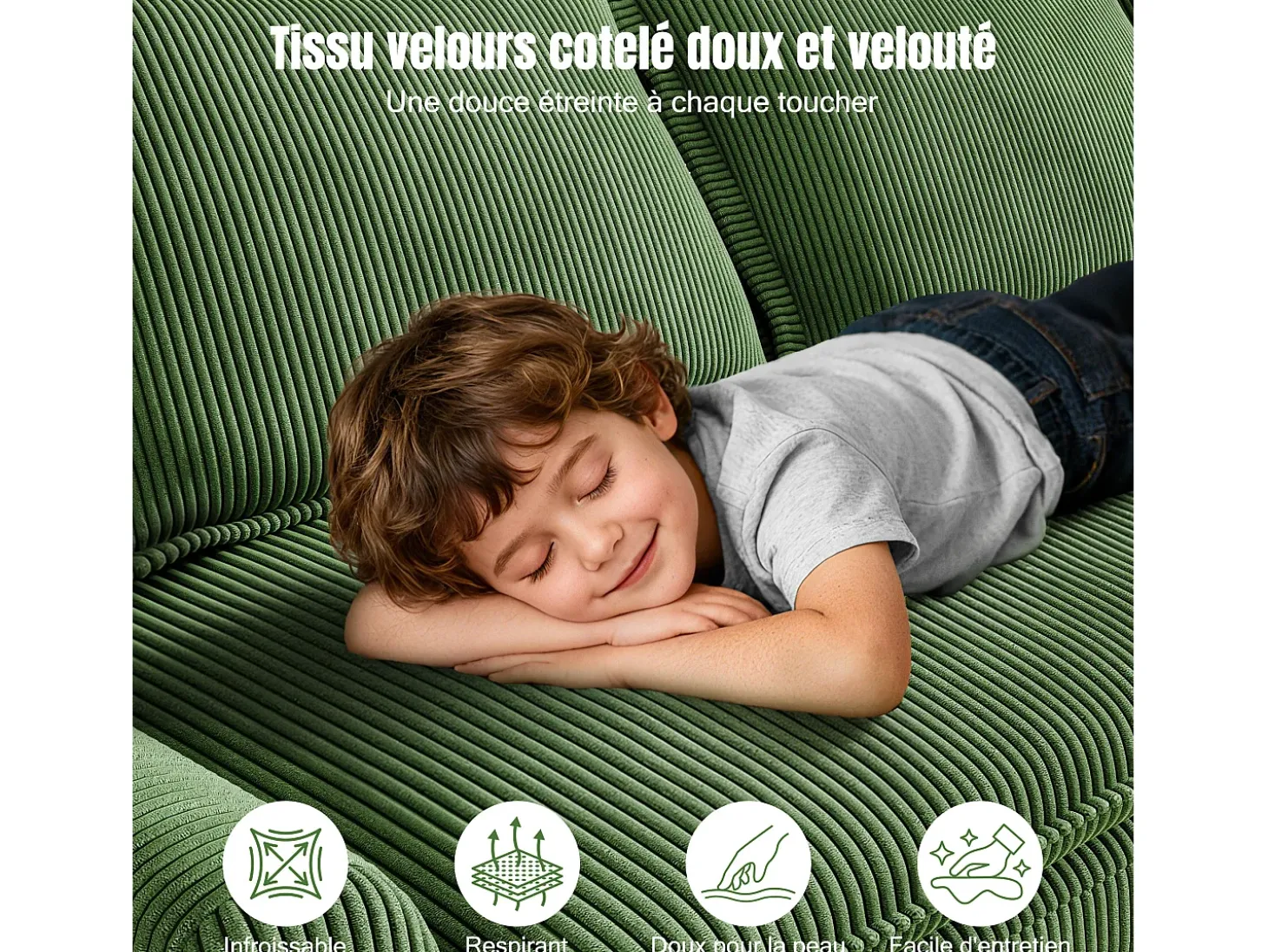 Sofá 3 lugares em veludo cotelê, com 2 almofadas de braço, removíveis e laváveis, 265x86x88cm, Verde