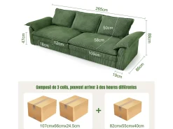 Sofá 3 lugares em veludo cotelê, com 2 almofadas de braço, removíveis e laváveis, 265x86x88cm, Verde