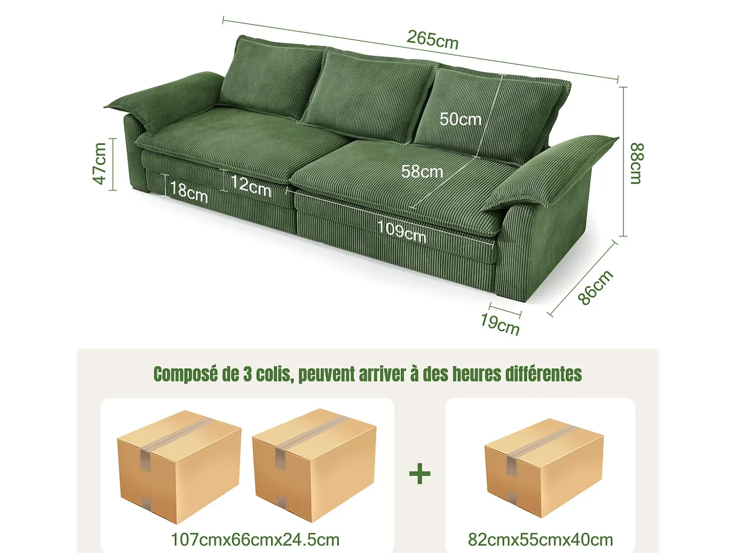 Sofá 3 lugares em veludo cotelê, com 2 almofadas de braço, removíveis e laváveis, 265x86x88cm, Verde