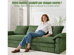 Sofá 3 lugares em veludo cotelê, com 2 almofadas de braço, removíveis e laváveis, 265x86x88cm, Verde