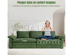 Sofá 3 lugares em veludo cotelê, com 2 almofadas de braço, removíveis e laváveis, 265x86x88cm, Verde