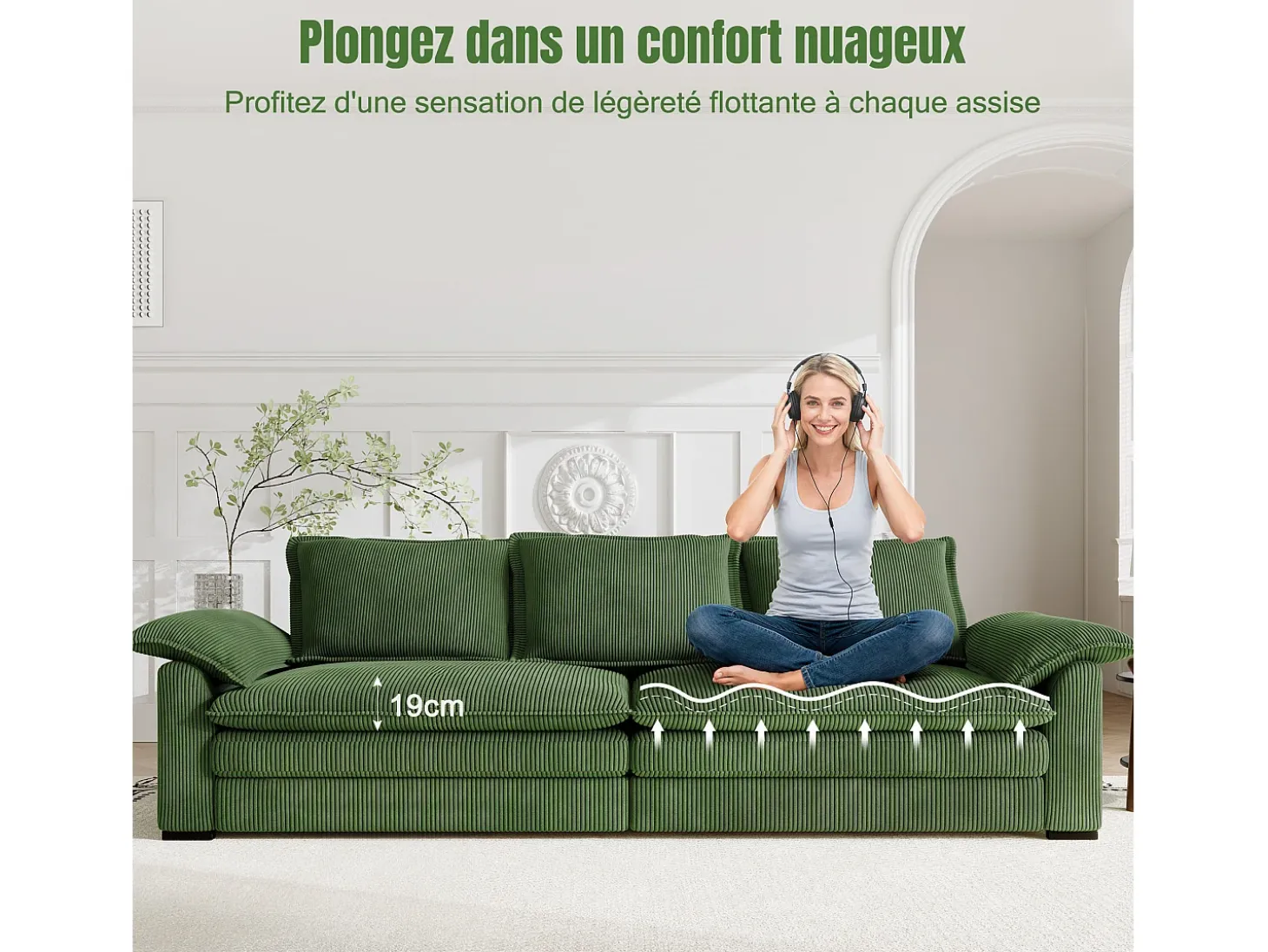 Sofá 3 lugares em veludo cotelê, com 2 almofadas de braço, removíveis e laváveis, 265x86x88cm, Verde
