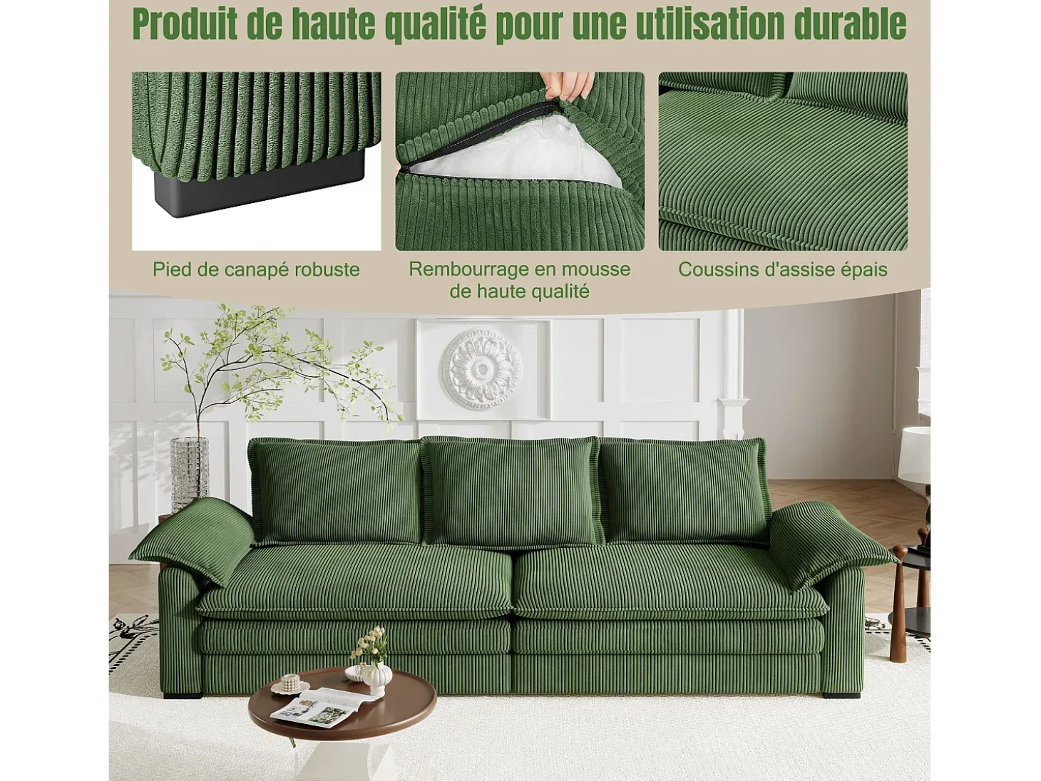 Sofá 3 lugares em veludo cotelê, com 2 almofadas de braço, removíveis e laváveis, 265x86x88cm, Verde