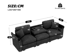 Sofá 3 lugares moderno - con almofadas e mesa dobrável - inclui portas USB e porta-copos - tecido de chenille - cinza