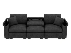 Sofá 3 lugares moderno - con almofadas e mesa dobrável - inclui portas USB e porta-copos - tecido de chenille - cinza