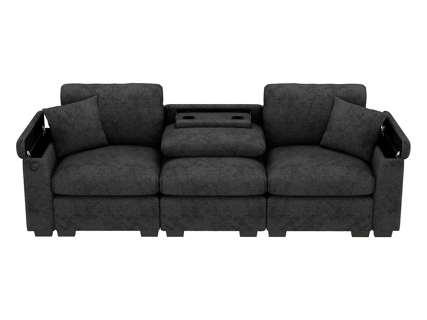 Sofá 3 lugares moderno - con almofadas e mesa dobrável - inclui portas USB e porta-copos - tecido de chenille - cinza