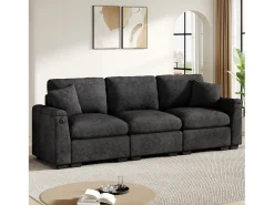 Sofá 3 lugares moderno - con almofadas e mesa dobrável - inclui portas USB e porta-copos - tecido de chenille - cinza